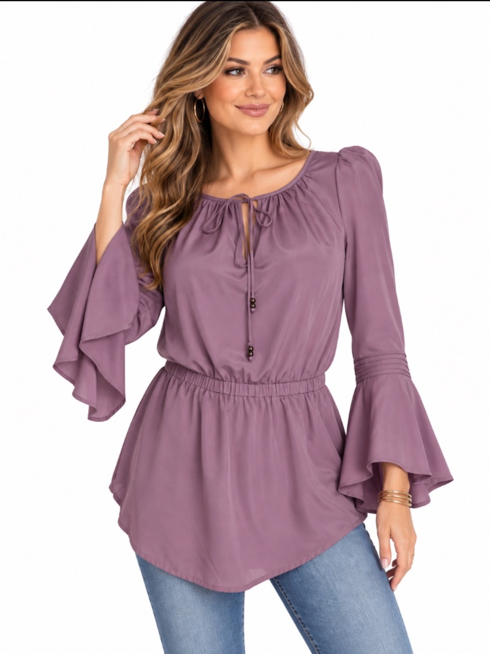 Bebe Mauve Peasant Blouse with Bell Sleeves Boho Romantic Cottagecore Size XS